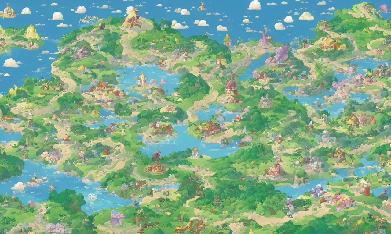 Image similar to a map of a fantasy land, a storybook illustration, featured on behance, magical beautiful landscape, 2 d game art by chiho aoshima, by studio ghibli