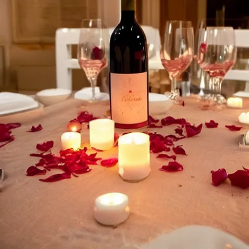 Prompt: beautiful romantic luxury table with wine bottle and candles covered in rose petals