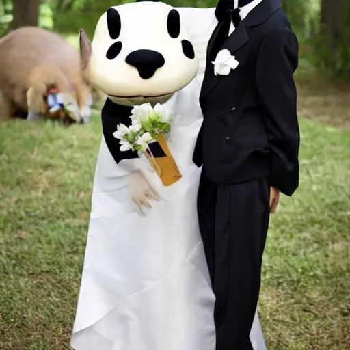 Image similar to a capybara wearing a tuxedo being wed to a rabbit wearing a wedding dress