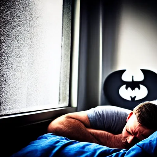 Image similar to man sleeping in bed with hostile batman lurking in the window.