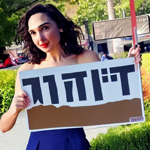 Prompt: Gal Gadot holding a sign that says M I T C H I as painted by Ralph Horsley