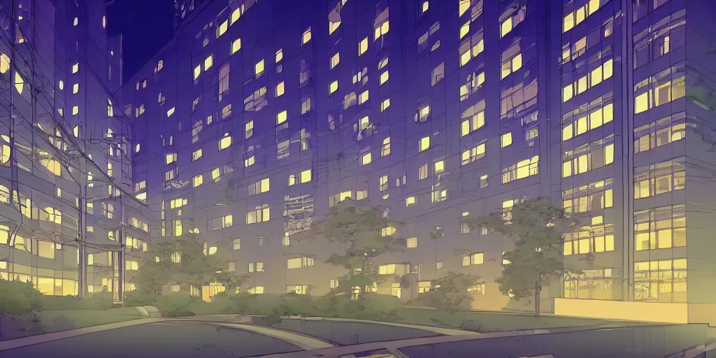Prompt: beautiful anime background of an office building at night