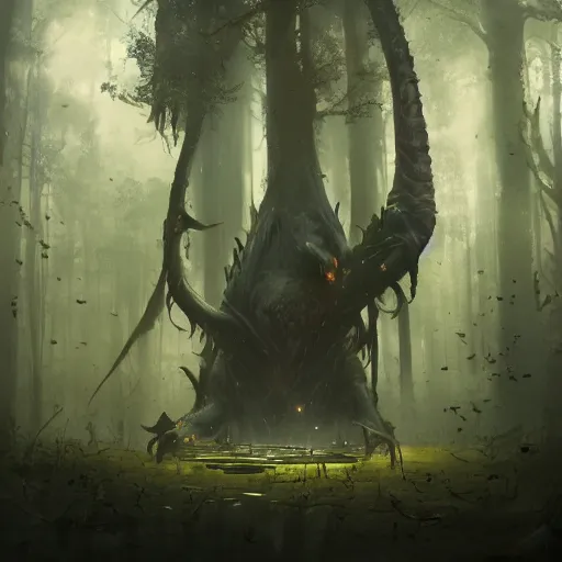 Image similar to living tree, in the shape of a rat with legs tail and yellow eyes, dark forest with black colour, by greg rutkowski, trending on art station, highly detailed, magic the gathering, matte painting