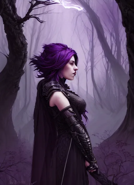 Image similar to side portrait dark witch, adventurer outfit large cloak, fantasy forest landscape, dragon scales, fantasy magic, undercut hairstyle, short purple black fade hair, dark light night, intricate, elegant, sharp focus, illustration, highly detailed, digital painting, concept art, matte, art by WLOP and Artgerm and Greg Rutkowski and Alphonse Mucha, masterpiece