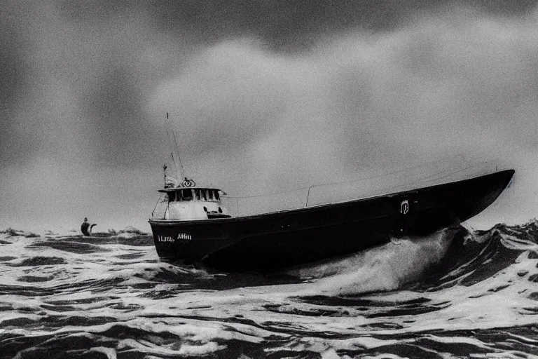 Prompt: a black and white photo of a tiny fishing boat overwhelmed by huge waves, broiling seas, an album cover by hallsteinn sigurðsson, trending on behance, optical illusion, chillwave, concert poster, poster art, geometric