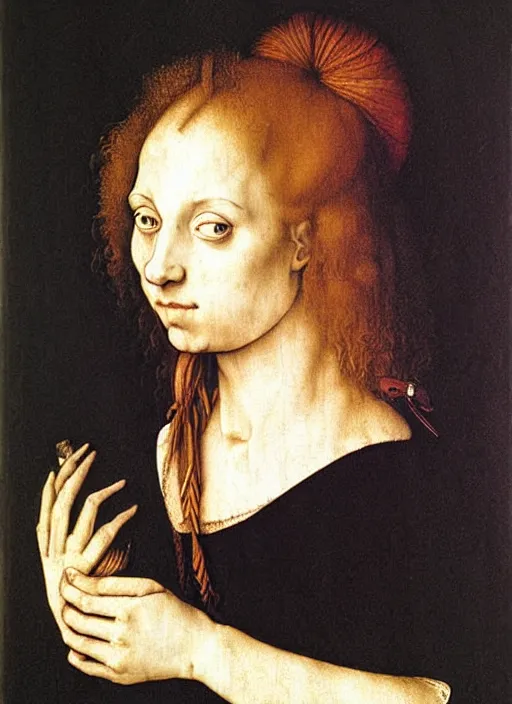 Image similar to a portrait of a pretty sewer punk young lady by albrecht durer