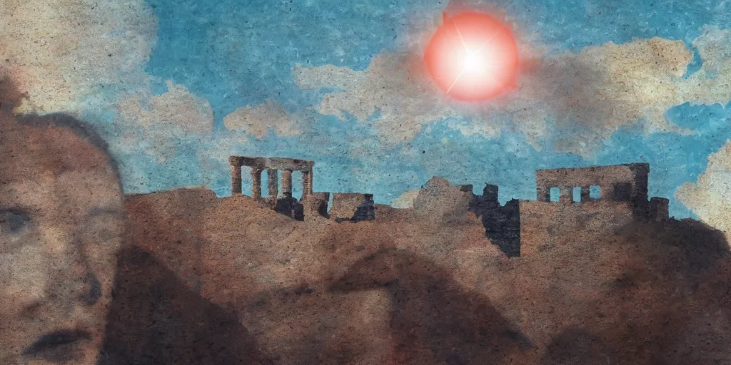 Prompt: a solar eclipse in the sky above an ancient city, a giant in the distance, thick impasto paint, double exposure, Chromatic Aberration