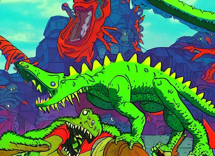 Prompt: Reptar vs. The Aliens, colorful kaiju film, green dinosaur monster with red-orange eyes and blue dorsal fins