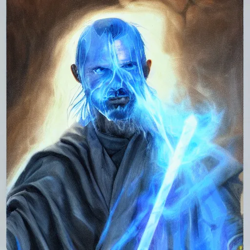 Prompt: portrait of a battle worn wizard with torn robes after a duel, smoke rising in the distance as blue electricity shoots from his wooden staff, oil on canvass trending on artstation