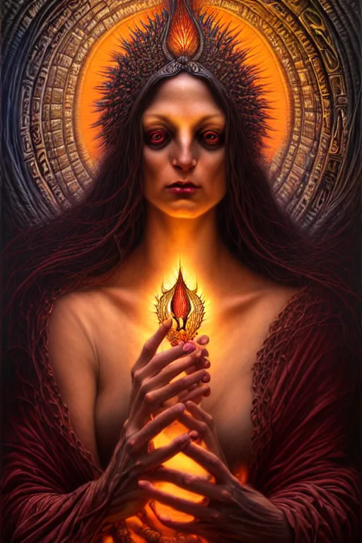 Image similar to A beautiful detailed goddess woman super dark tarot card, by tomasz alen kopera and Justin Gerard, 3rd eye open, beautiful symmetrical features, ominous, magical realism, texture, intricate, ornate, royally decorated, melting, whirling smoke, embers, red adornements, red torn fabric, radiant colors, fantasy, trending on artstation, volumetric lighting, micro details, 3d sculpture, ray tracing, 8k, anaglyph effect