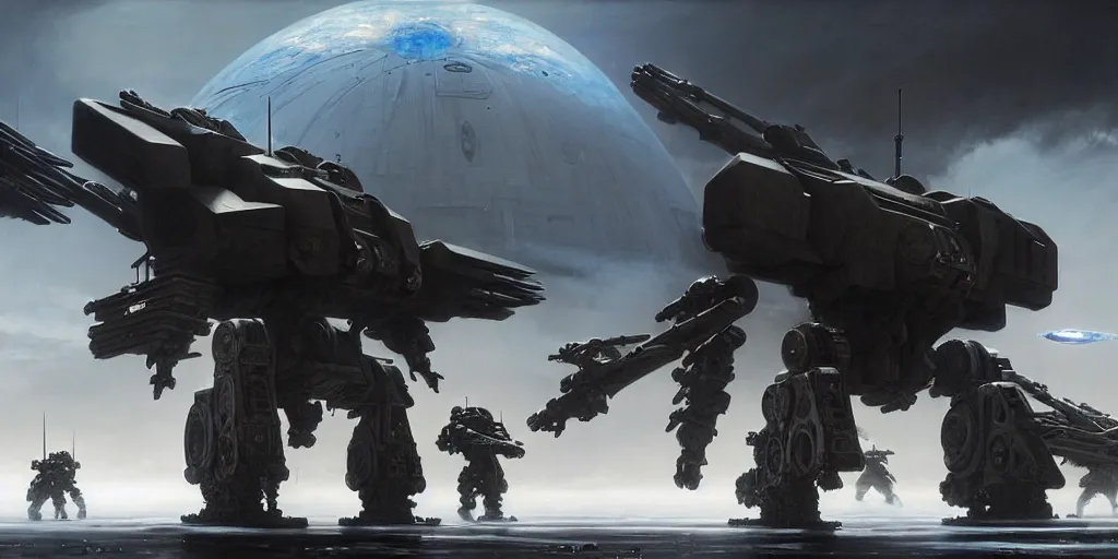 Prompt: hyper realistic sci - fi matte concept art painting of epic cinematic battle between a variety of mechwarriors and soldiers fighting on europa, guns, missiles, explosions, beautiful details, strong composition painted by kim jung guweta studio rutkowski, james gurney and greg rutkowski, and lucasfilm, smooth, intricate, detailed, sharp focus, cinematic