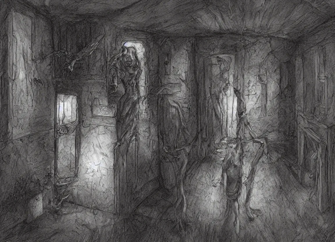 Image similar to a poltergeist inside a creepy haunted house in the style of terese nielsen