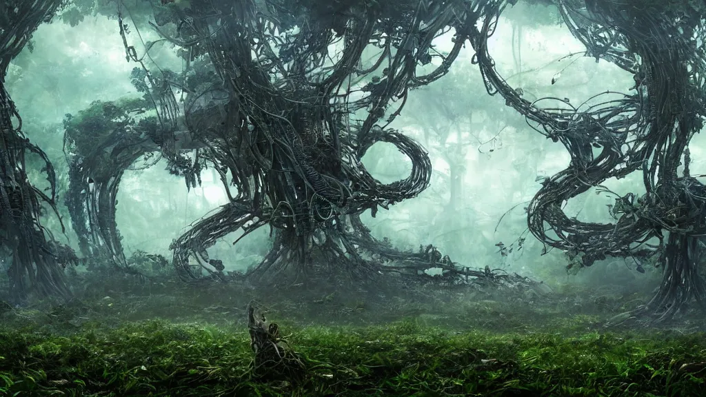 Image similar to the remnants of a broken alien supercomputer covered in wires and foliage in a mystical grove, sentry robots hovering in the air, somber melancholic matte painting, highly detailed oil painting, liminal space, 8k, stillness, solitude, sorrowful nostalgic awe-inspiring atmosphere, masterpiece