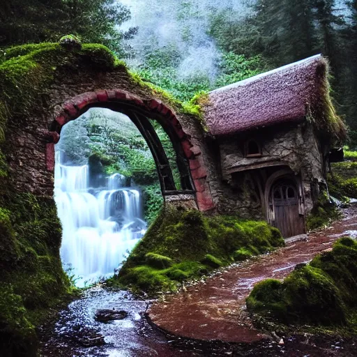 Image similar to inside a medieval hobbit home, ornate, beautiful, atmosphere, vibe, mist, smoke, chimney, rain, wet, pristine, puddles, waterfall, melting, snow, creek, lush, ice, bridge, forest, flowers, james jean