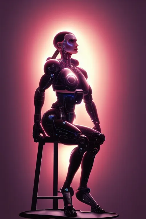 Image similar to cyborg, Natalie Portman sitting on a stool, very detailed, dramatic lighting, electrical details, high details, 4k, 8k, trending on artstation, by Greg Rutkowski, Wayne Barlowe, Hajime Sorayama and Boris Vallejo