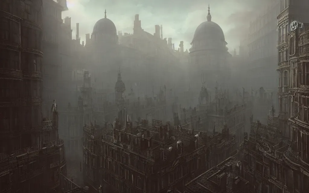 Image similar to an ultra wide angle view of 1 8 8 0 s london, steampunk, clockwork, steamy, ominous, hyperrealism, by greg rutkowski, zaha hadid, octopath traveler, final fantasy, octane render, misty, highly rendered, global illumination, radiant light