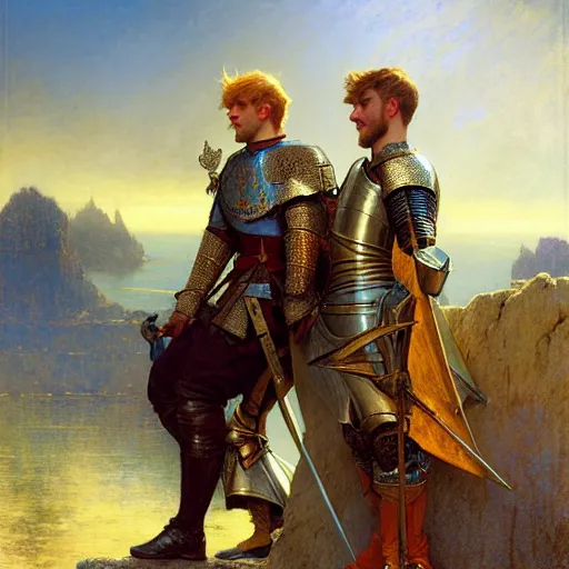 Image similar to attractive arthur pendragon and his attractive male knight, they are in love, natural lighting, path traced, highly detailed, high quality, digital painting, by gaston bussiere, craig mullins, alphonse mucha j. c. leyendecker