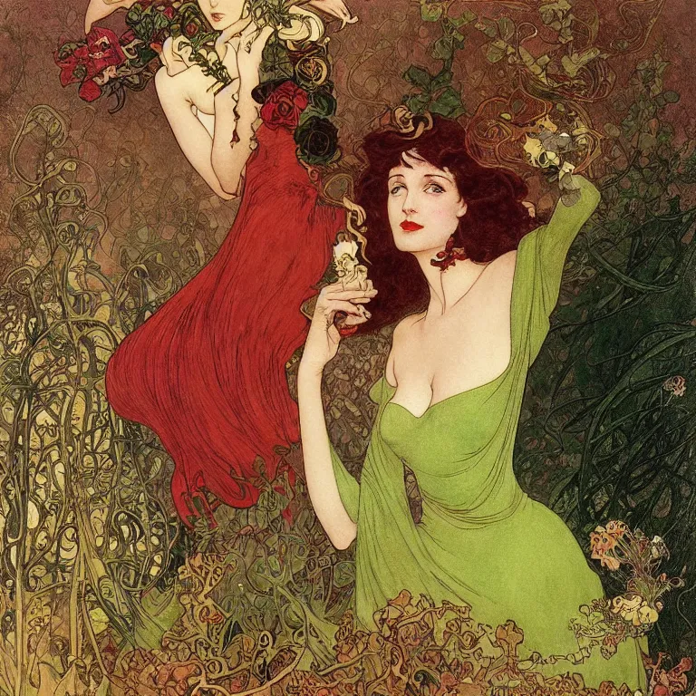 Image similar to A brunette woman standing in a green dress on a gold background, with black roses and red lips Anton Pieck,Jean Delville, Amano,Yves Tanguy, Alphonse Mucha, Ernst Haeckel, Edward Robert Hughes,Stanisław Szukalski and Roger Dean