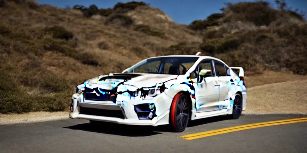 Prompt: photograph, 2014 Subaru WRX STi, cinematic, PCH, california coast, 8k, depth of field, bokeh.