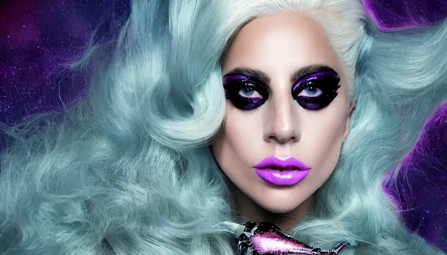 Prompt: lady gaga with long white hair , an album cover by Hedi Xandt, featured on vanity fair, holography, smokey background, matte background, seapunk High resolution. Highly detailed. Dramatic. 8k.4k.