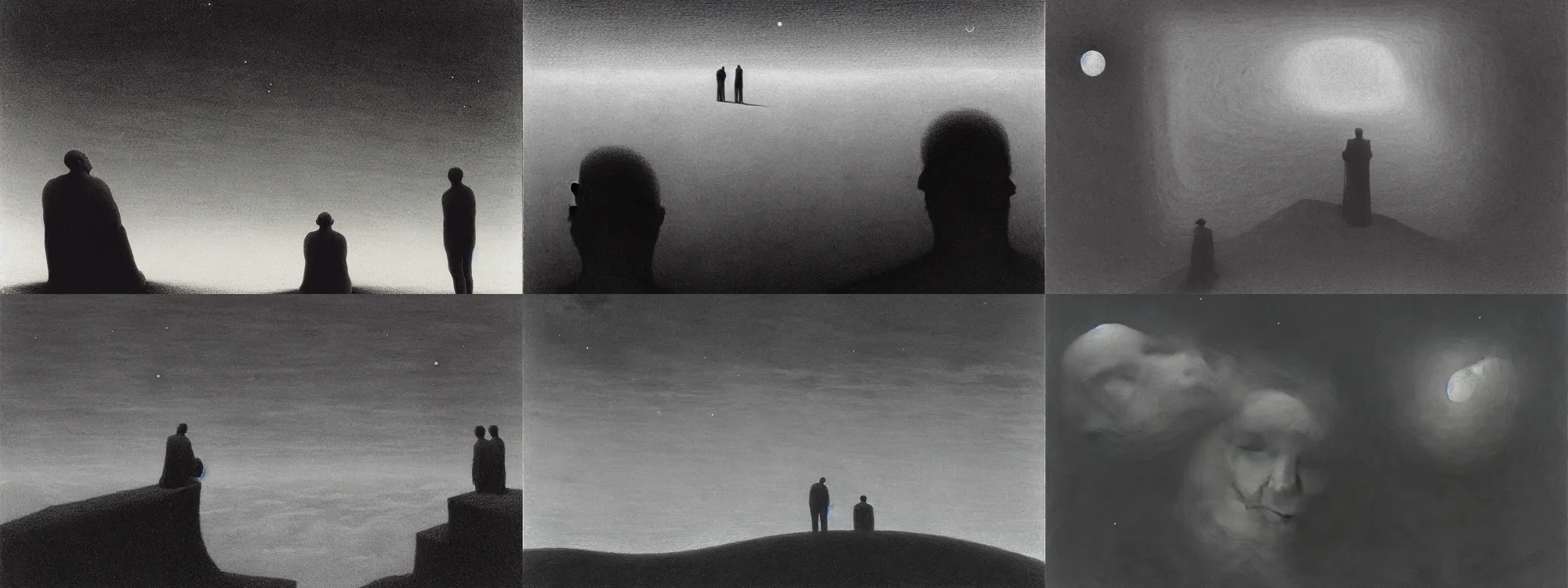 Prompt: close up of two men looking up the sky. the sky is totally black. art by zdzisław beksinski