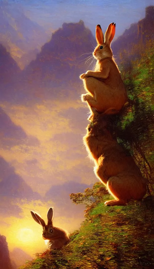 Image similar to hyper realistic rabbit looking off of a cliff, sun setting behind rabbit, lush forest in valley below, painted by gaston bussiere, craig mullins, j. c. leyendecker 8 k