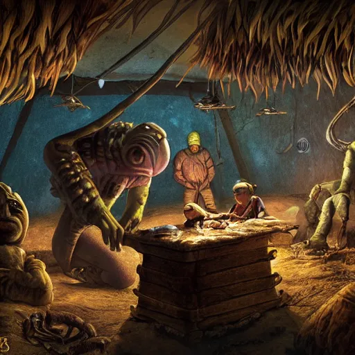 Prompt: primitive extraterrestrial villagers caring for injured human at bedside, inside primitive hut, cinematic, worm's eye view, dramatic lighting, illustration, ron cobb, mike mignogna, science fiction, detailed painting, high detail, rough paper