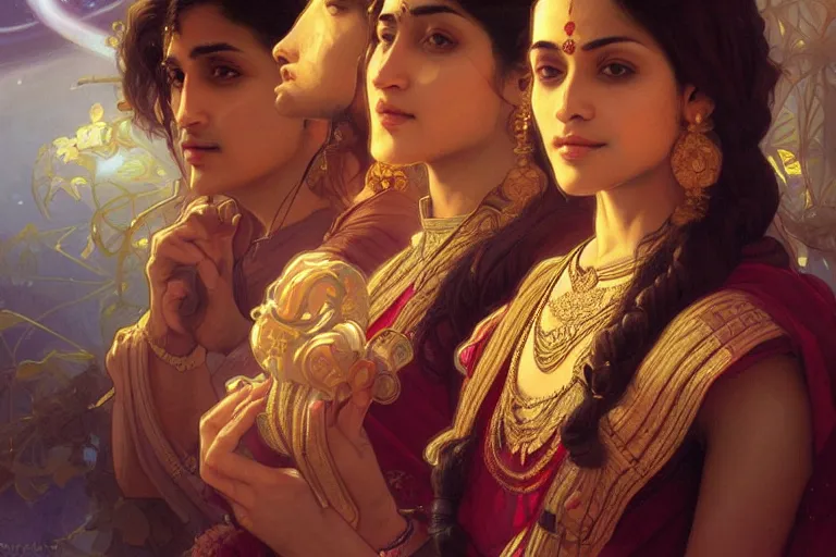 Image similar to Sensual good looking pale young Indian doctors wearing Renaissance clothing in a space station above Earth, portrait, elegant, intricate, digital painting, artstation, concept art, smooth, sharp focus, illustration, art by artgerm and greg rutkowski and alphonse mucha