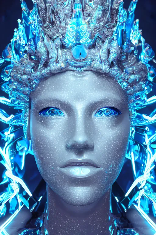 Image similar to hyper detailed ultra sharp portrait of baroque and bladerunner delicate neon diamond sculpture of seductive albino pharaoh, diamond blue sphinx iridescent humanoid deity wearing metallic hoody made out of hands holding the sun prismatic dungeon, glowing blue face, crown of white diamonds, cinematic lighting, photorealistic, octane render 8 k depth of field 3 d