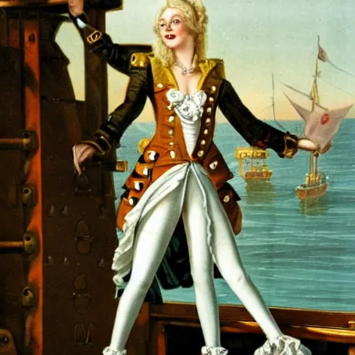 Prompt: a fierce, smiling, beautiful, friendly, calm, blonde, well - dressed, steampunk, covered, armed, pirate captain, standing on the deck of her ship gazing at the horizon in 1 7 3 0, detailed.