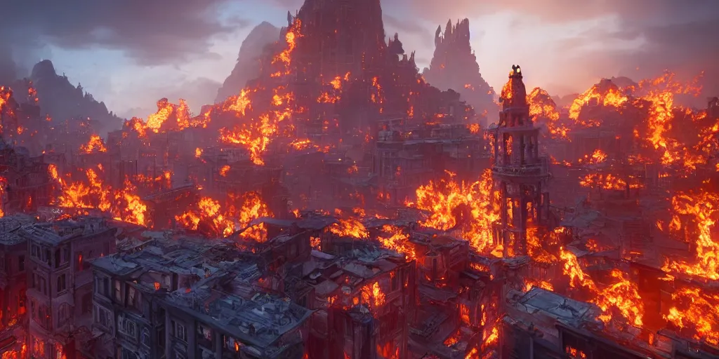 Prompt: inferno city, unreal 5, hyperrealistic, realistic, photorealistic, dynamic lighting, highly detailed, cinematic landscape, studio landscape, studio lighting
