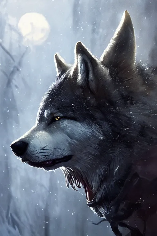 Prompt: a fancy portrait of a wolf with crystal fang's by Greg Rutkowski, Sung Choi, Mitchell Mohrhauser, Maciej Kuciara, Johnson Ting, Maxim Verehin, Peter Konig, final fantasy , mythical, 8k photorealistic, cinematic lighting, HD, high details, atmospheric,