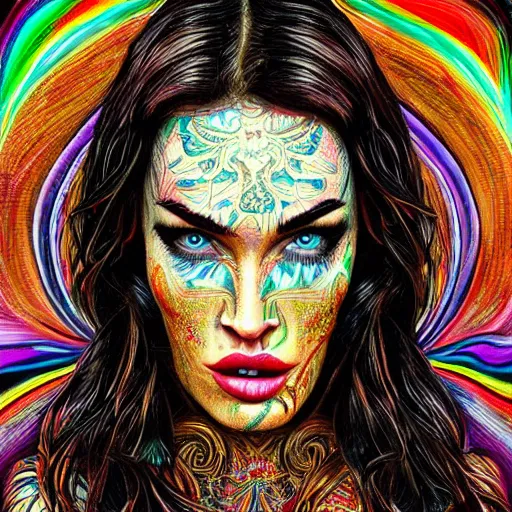 Prompt: an extremely psychedelic portrait of megan fox as mgk, surreal, lsd, face, detailed, intricate, elegant, lithe, highly detailed, digital oth, sharp focus, illustration,