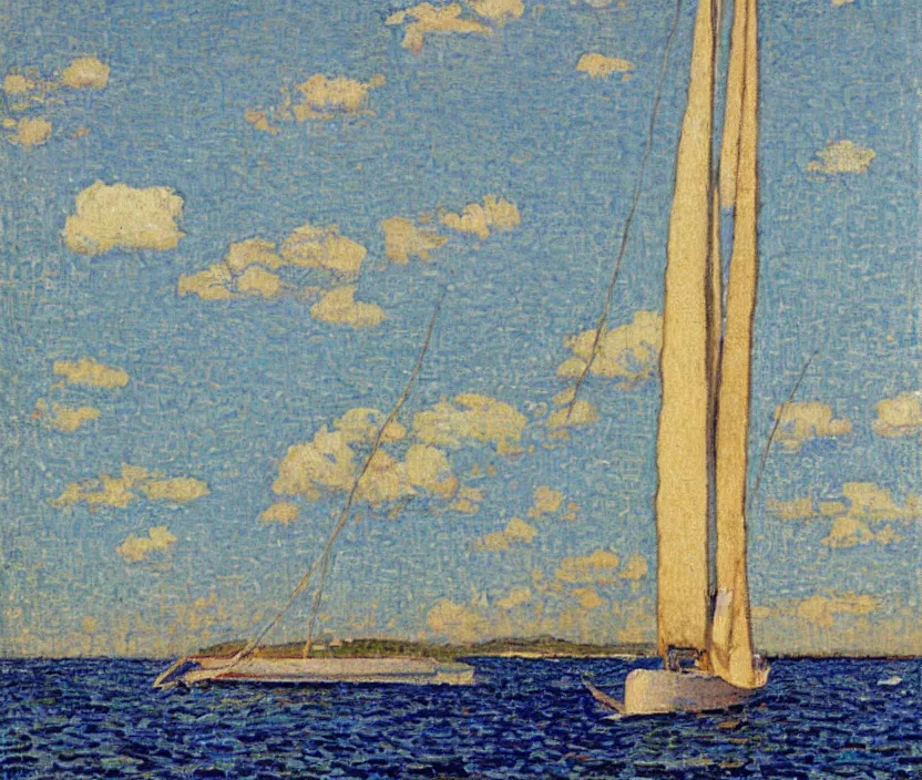 Image similar to van Rysselberghe painting of a single mast sailboat