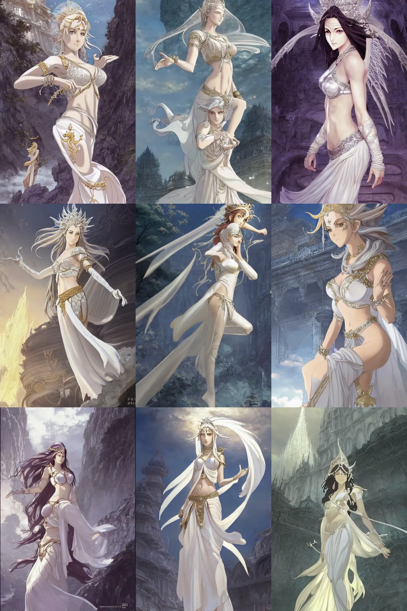 Prompt: Worksafe. Dramatic, cinematic, epic.Fantasy,fairytale.Heavenly Mahabharata gentle saint high elven sorceress fairy princess goddess queen,wearing white luxury bridal bra and jewelry,expressing joy,at huge silver marble palace.By krenz cushart,makoto shinkai and pixiv.Accurately shaped manga face.A very clean image.Bold contour inklines.High contrast and gentle colors.