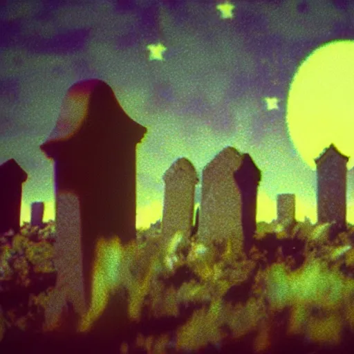 Image similar to low - quality vhs glitch art from 1 9 9 0 of a cg ghost wandering a moonlit cemetery