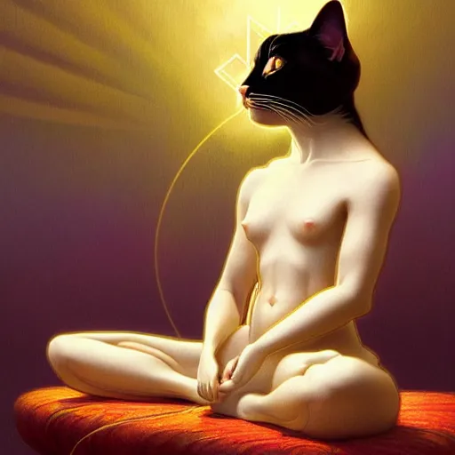 Image similar to a cat meditating in lotus position, emiting mystical light, intricate, elegant, highly detailed, my rendition, digital painting, artstation, concept art, smooth, sharp focus, radiant light, illustration, art by artgerm and greg rutkowski and alphonse mucha