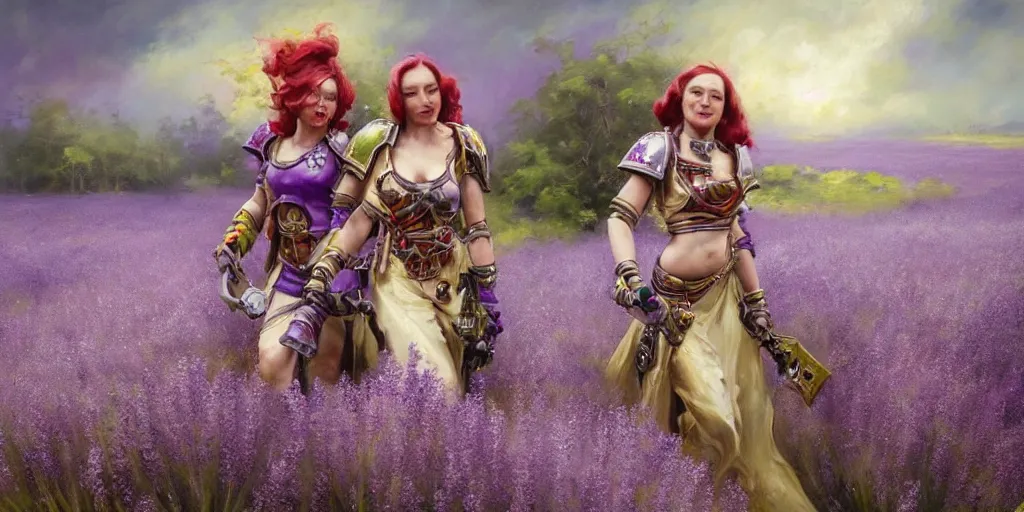 Image similar to warhammer 40k battle sisters in a lavander field. by Daniel F. Gerhartz, hyperrealistic oil painting, 4k, studio lightning, very detailed faces, rtx on