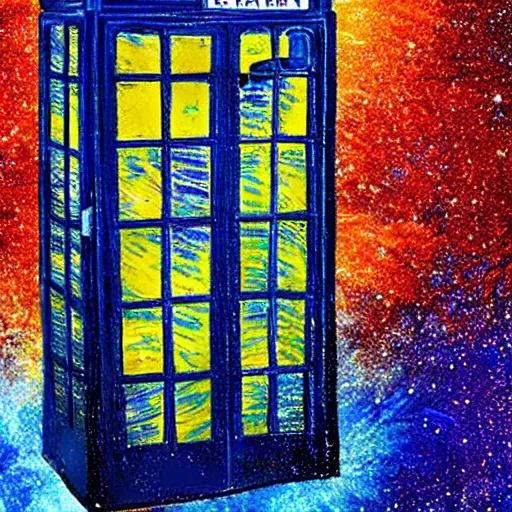 Image similar to a blue english phone booth exploding in space, impressionism, in the style of van gogh