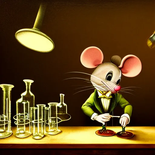 Image similar to a gentleman anthropomorphic mouse performing a chemistry experiment with beakers in a dark, cluttered lab space, realistic, chiaroscuro, renaissance art, realistic, intricate textures