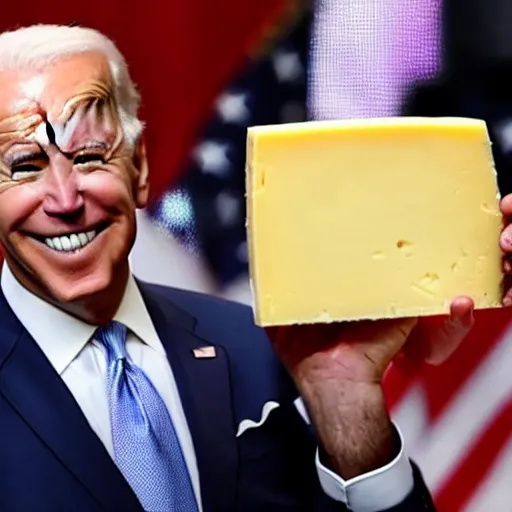 Prompt: Joe Biden proudly holding a prize winning piece of cheese