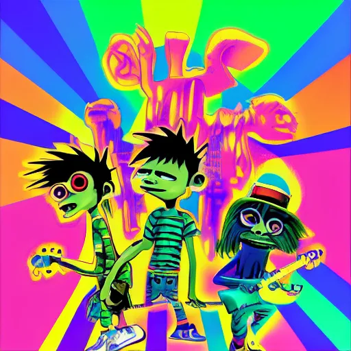 Image similar to album cover for the band gorillaz, by lisa frank, hypersaturated, various colors, ultra detailed, 8 k