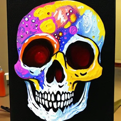 Prompt: intricate skull with dots of paint melting in to a colorful painting made of gouache impasto