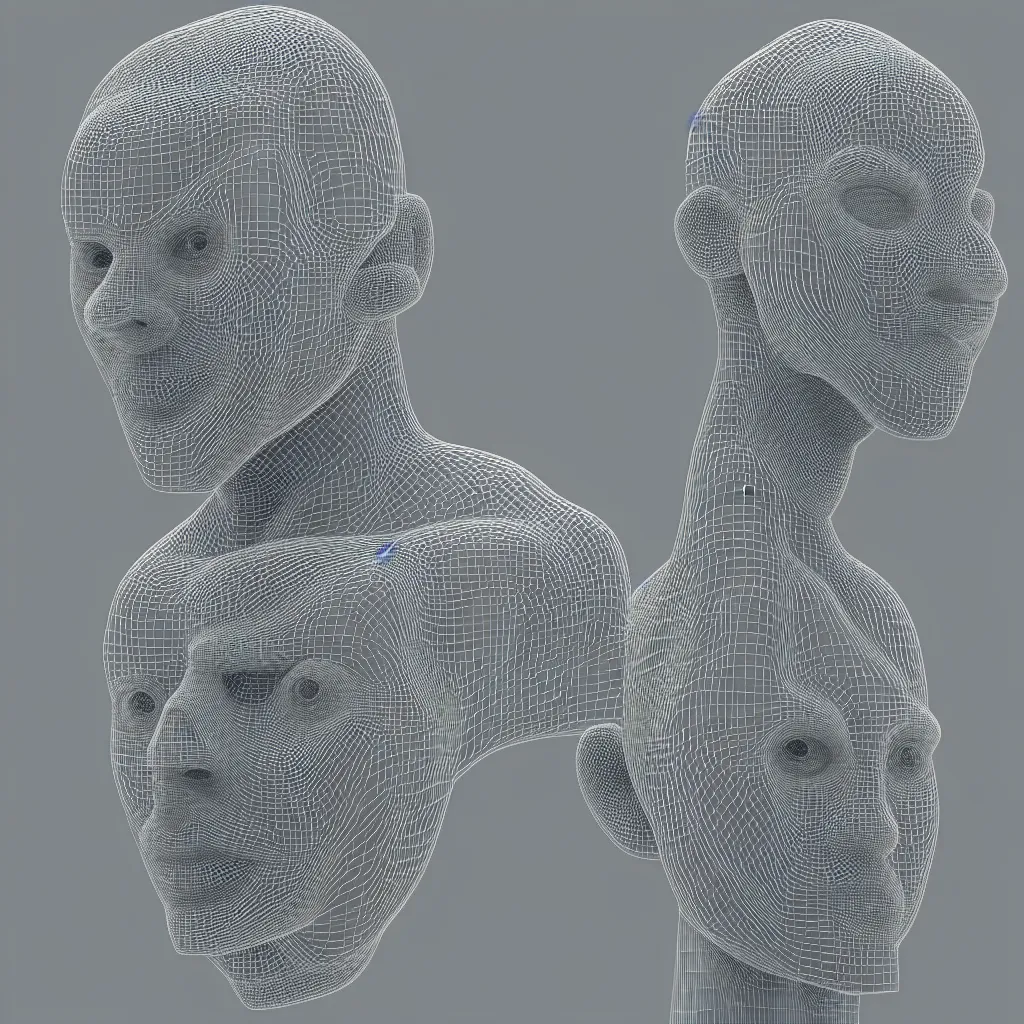 Prompt: 3 d render of a wireframe of a human head, sculpture, chrometype, liquid metal, neotribal, raytraced, volumetric lightning, 8 k, by zhelong xu