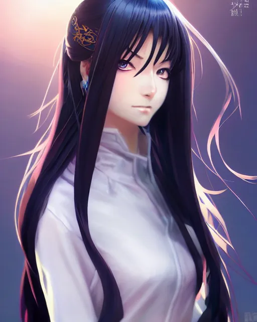 Image similar to anime character portrait of a female martial artist!! long black hair! blue eyes! elegant, intricate outfit, fine details by stanley artgerm lau, wlop, rossdraws, james jean, andrei riabovitchev, marc simonetti, and sakimichan, trembling on artstation