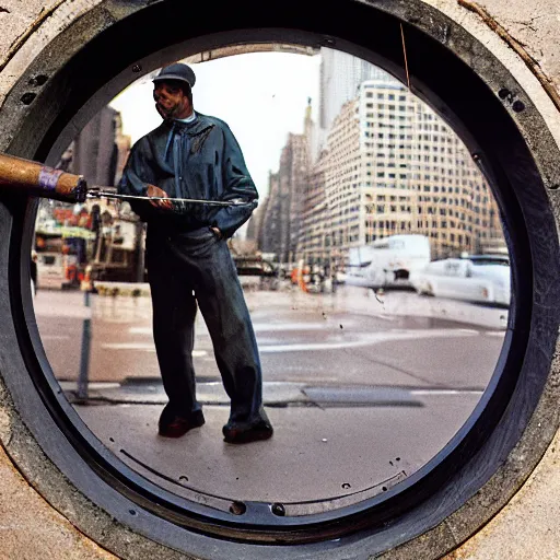 Prompt: closeup portrait of a man with a fishing rod fishing at a manhole in a new york street , by Annie Leibovitz and Steve McCurry, natural light, detailed face, CANON Eos C300, ƒ1.8, 35mm, 8K, medium-format print