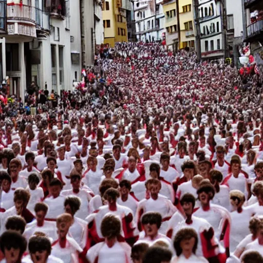 Image similar to the running of the giant screaming bob ross dolls in pamplona spain