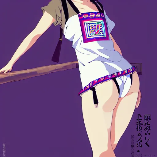 Image similar to a beautiful plus sized model japanese natalie portman, alluring plus sized model, wearing mayan leotard with elegant mayan apron overalls, street fashion hip hop style with mayan patterns, aztec street fashion, gapmoe yandere grimdark, trending on pixiv fanbox, painted by greg rutkowski makoto shinkai takashi takeuchi studio ghibli, akihiko yoshida