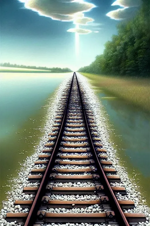 Image similar to shallow reflective water completely covers submerged invisible train tracks as a barefoot girl carries her shoes, there is a train station in the distance and large white clouds on a wide horizon, intricate, elegant, highly detailed, digital photo, artstation, concept art, smooth, sharp focus, art by artgerm and greg rutkowski and fra angelico