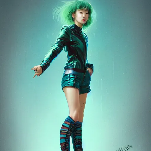 Prompt: Full body of Korean female wearing futuristic short teal leather jacket and 1980s shorts, expressive pose, intricate, elegant, highly detailed, digital painting, artstation, concept art, smooth, sharp focus, illustration, art by artgerm and greg rutkowski and alphonse mucha